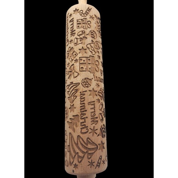 Wooden Embossing Rolling Pin Merry Christmas Baking Cookies Tool Santa Snowman - Picture 3 of 7